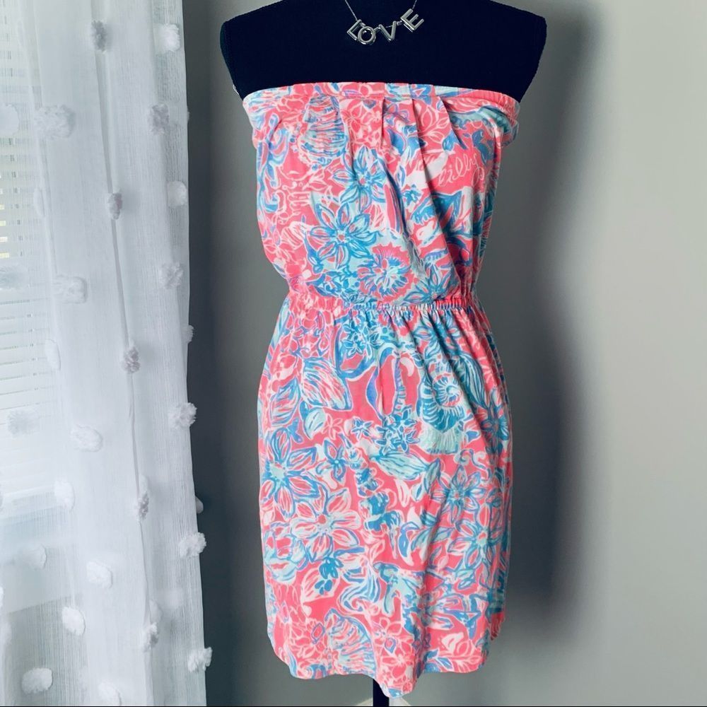 Lilly Pulitzer Windsor pink white blue strapless 100% cotton minidress size XS